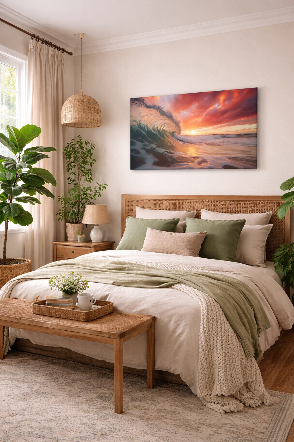 Crimson Coastline Coastal Photorealistic Digital Artwork Canvas in Biophilic Style Bedroom