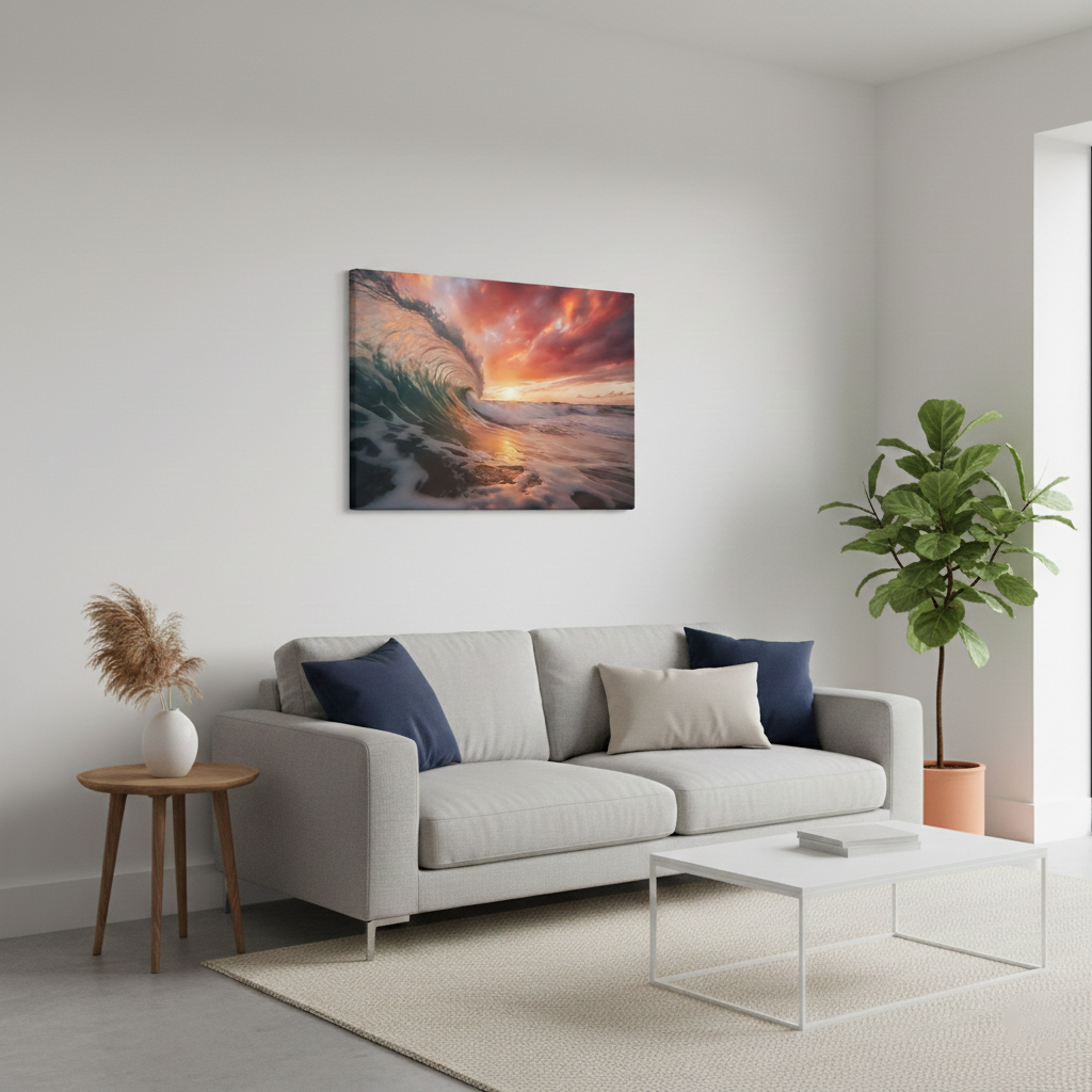 Crimson Coastline Coastal Photorealistic Digital Artwork Canvas in Minimalist Style Living Room