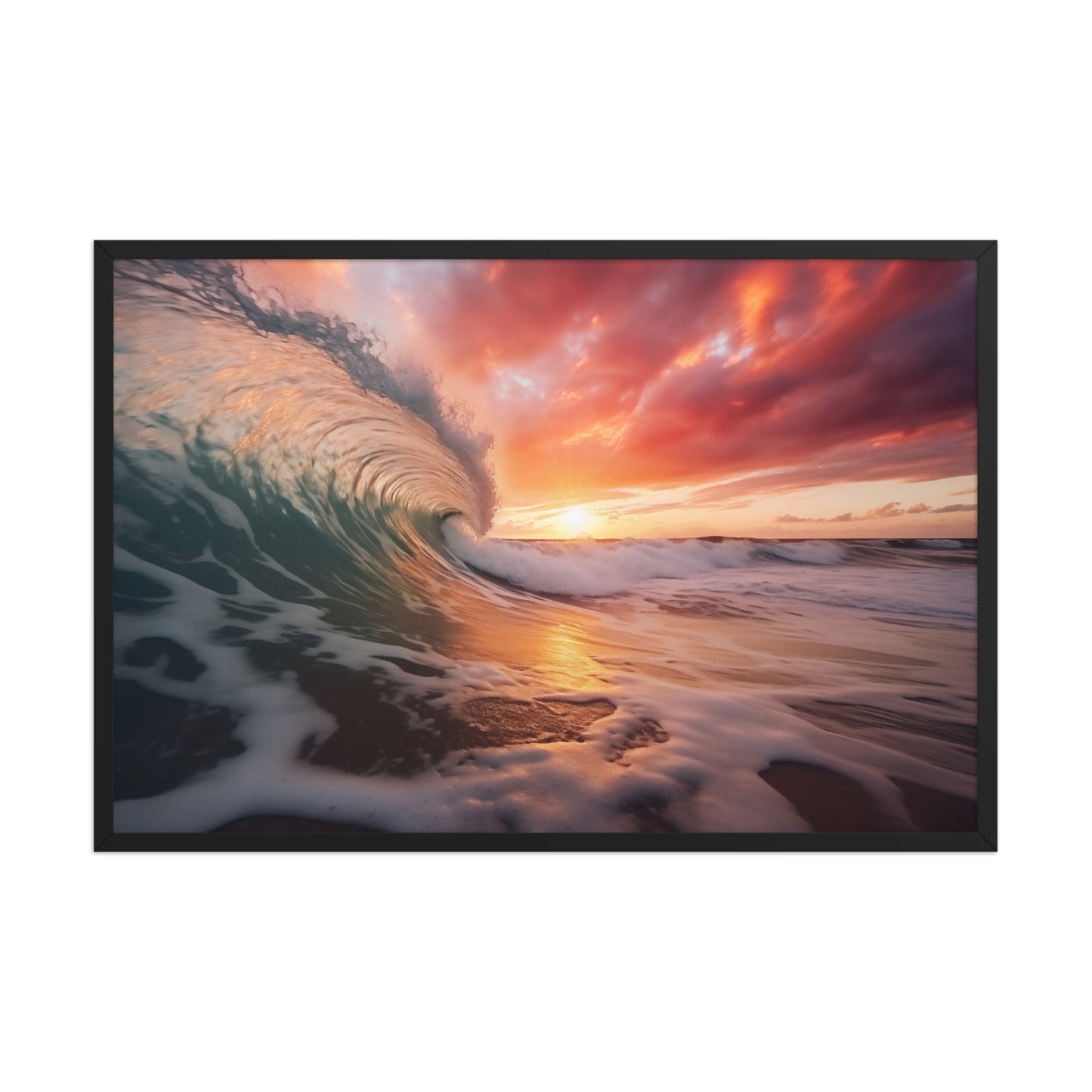 Crimson Coastline Coastal Photorealistic Digital Artwork as Framed Wall Art Prints - Black