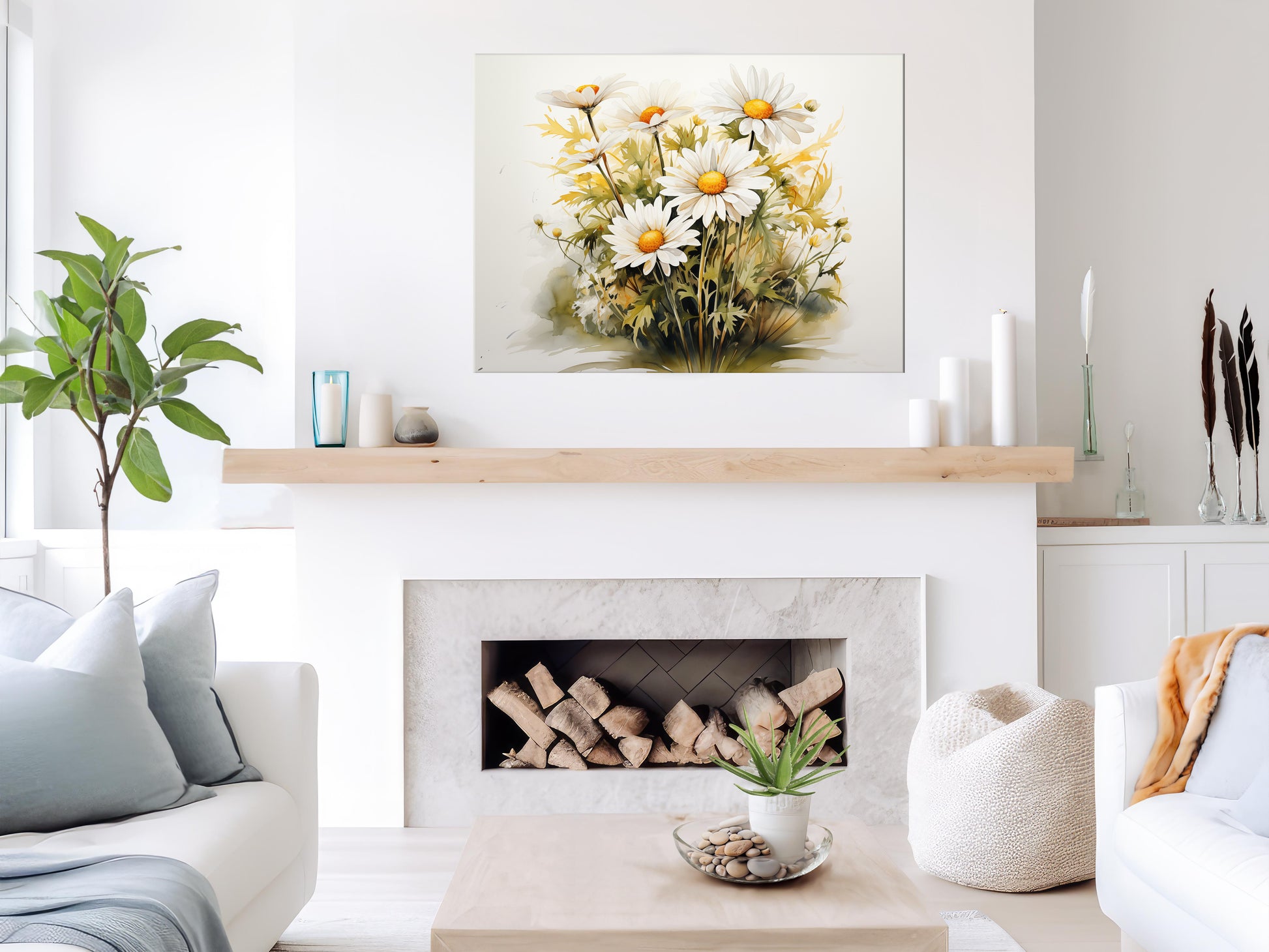 Daisy Dreams Watercolor Painting Floral Canvas Wall Art Print in Living Room Setting