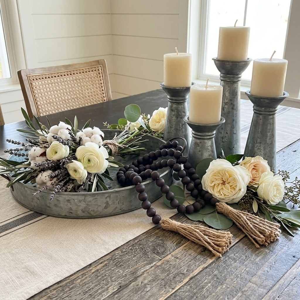 Dark Charcoal Gray Wood Bead Garland in Modern Farmhouse style dining room centerpiece