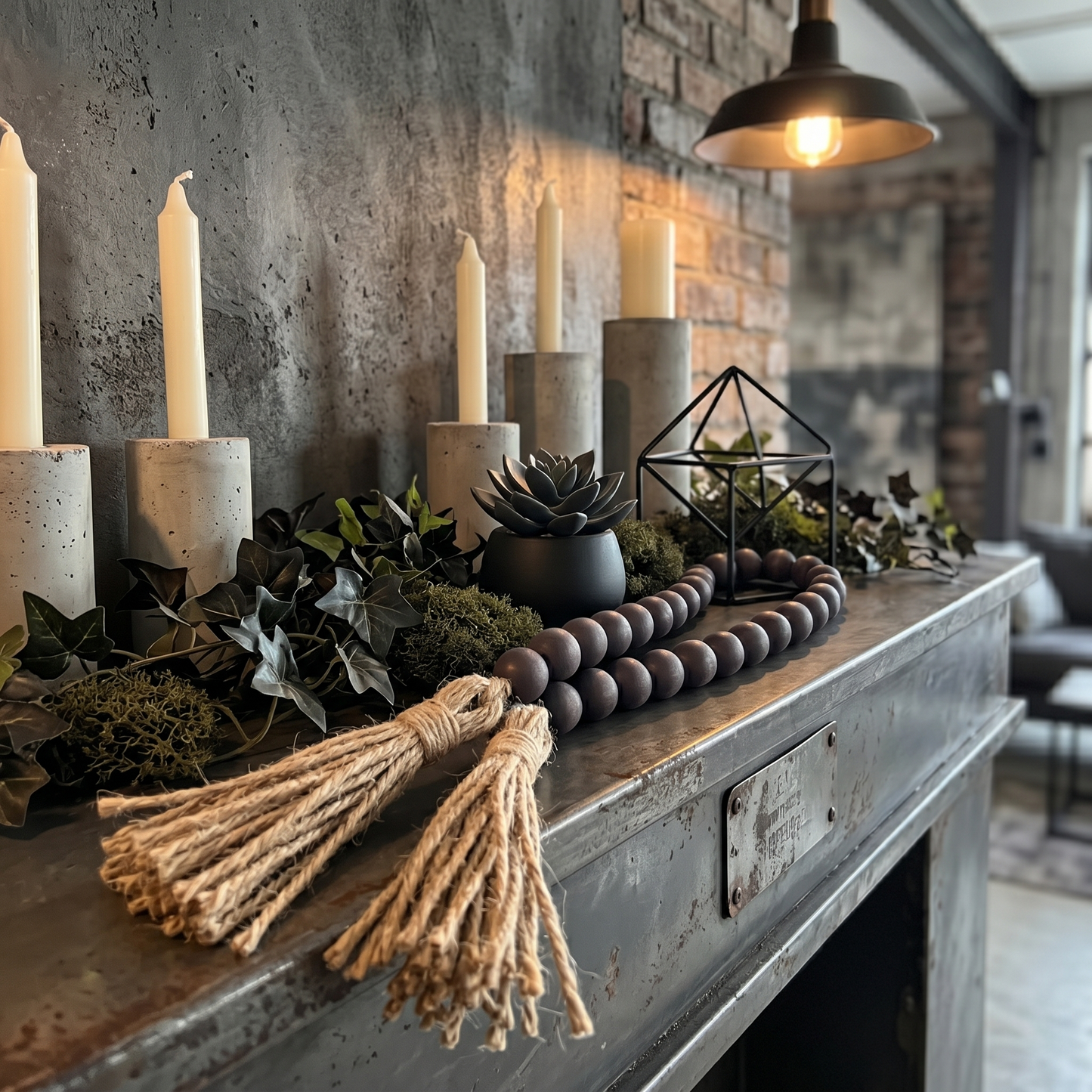 Dark Charcoal Gray Wood Bead Garland in Modern Industrial style mantel centerpiece