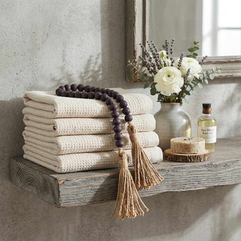 Dark Charcoal Gray Wood Bead Garland in Rustic Modern style bathroom setup