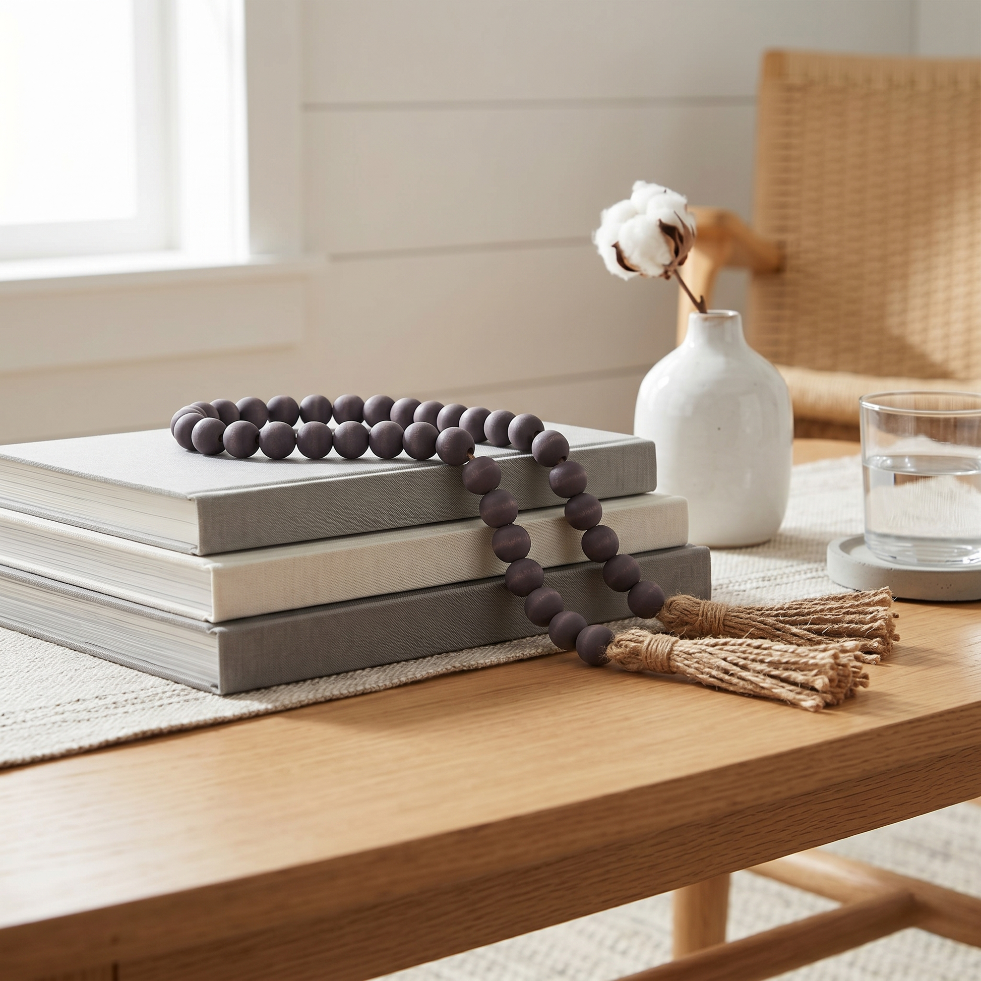 Dark Charcoal Gray Wood Bead Garland in Scandinavian style living room coffee table setup