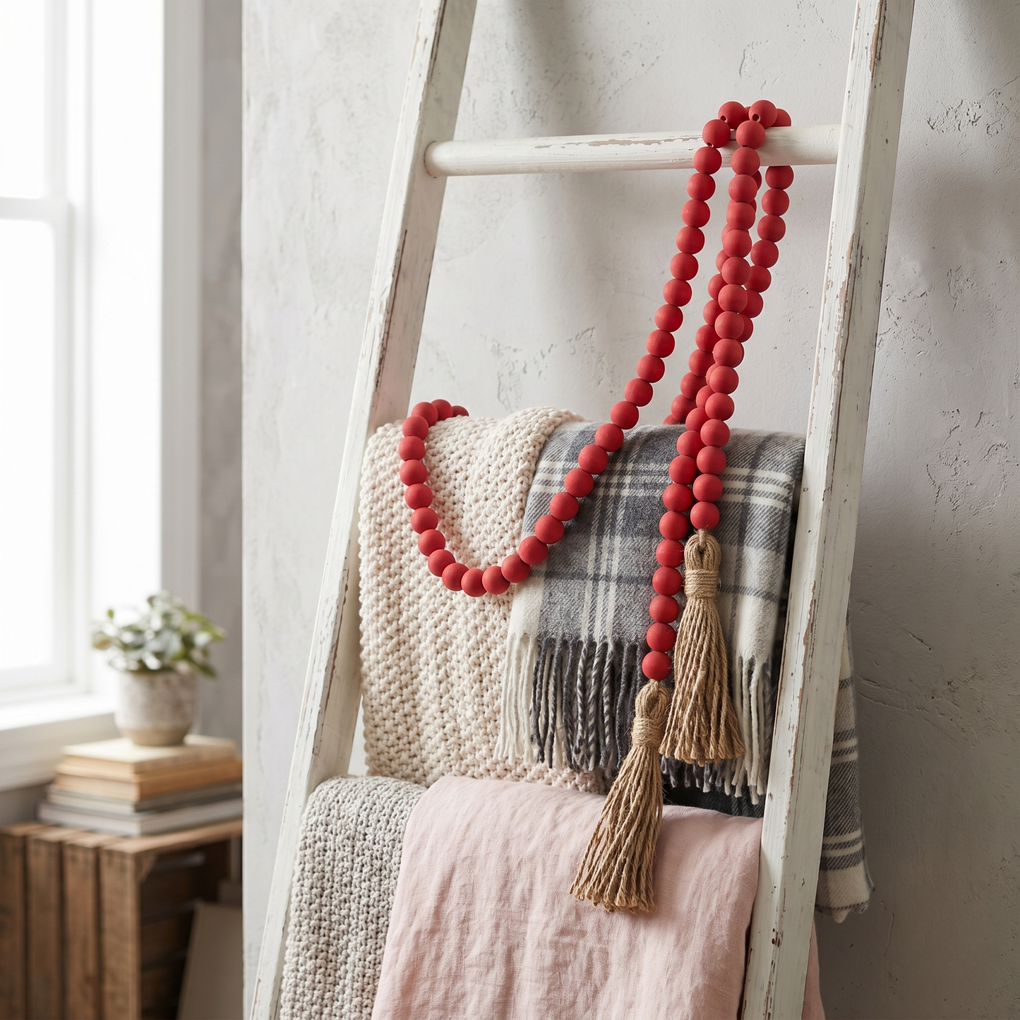 Dark Petal Pink Wood Garland Strand with Jute Tassel (1)