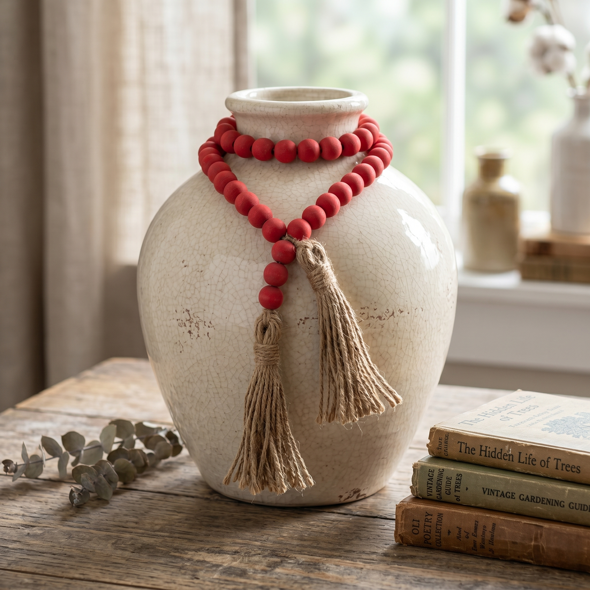 Dark Petal Pink Wood Garland Strand with Jute Tassel (3)
