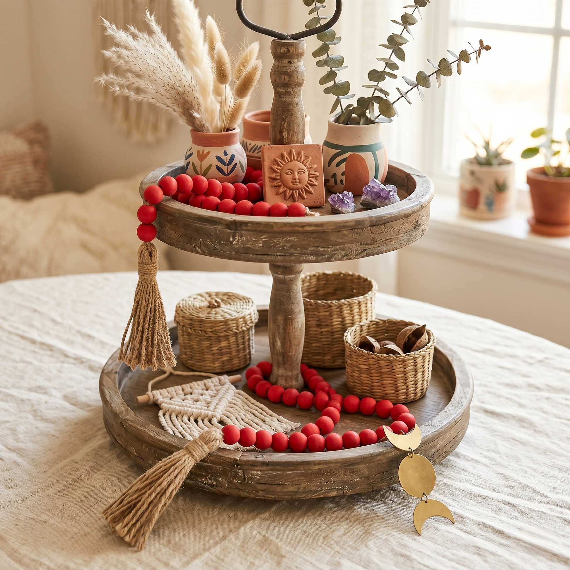 Dark Petal Pink Wood Garland Strand with Jute Tassel (5)