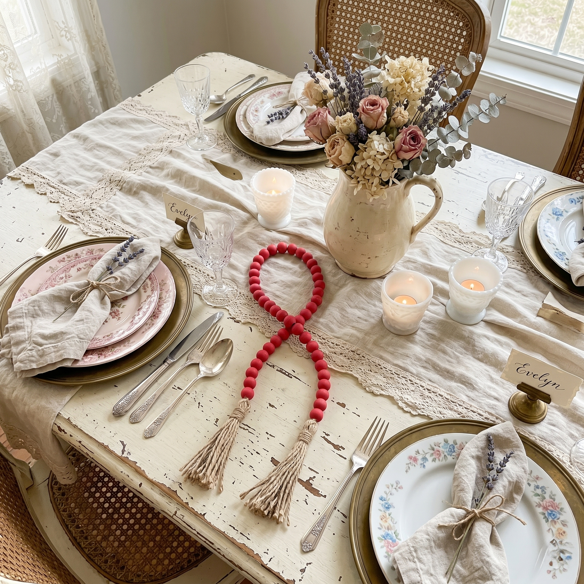 Dark Petal Pink Wood Garland Strand with Jute Tassel (7)