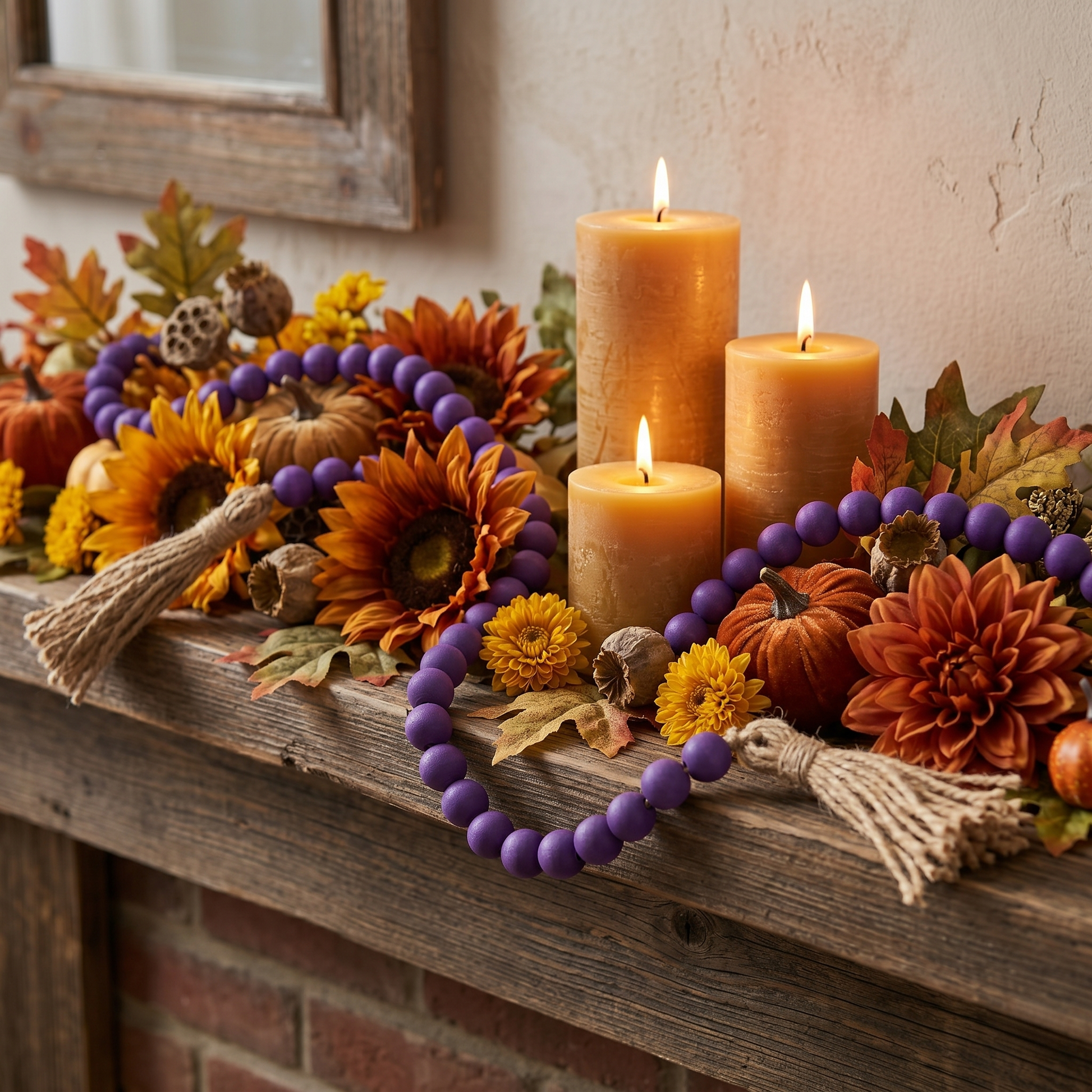 Dark Purple Wood Bead Garland (1) on a mantel with fall home decor and candles