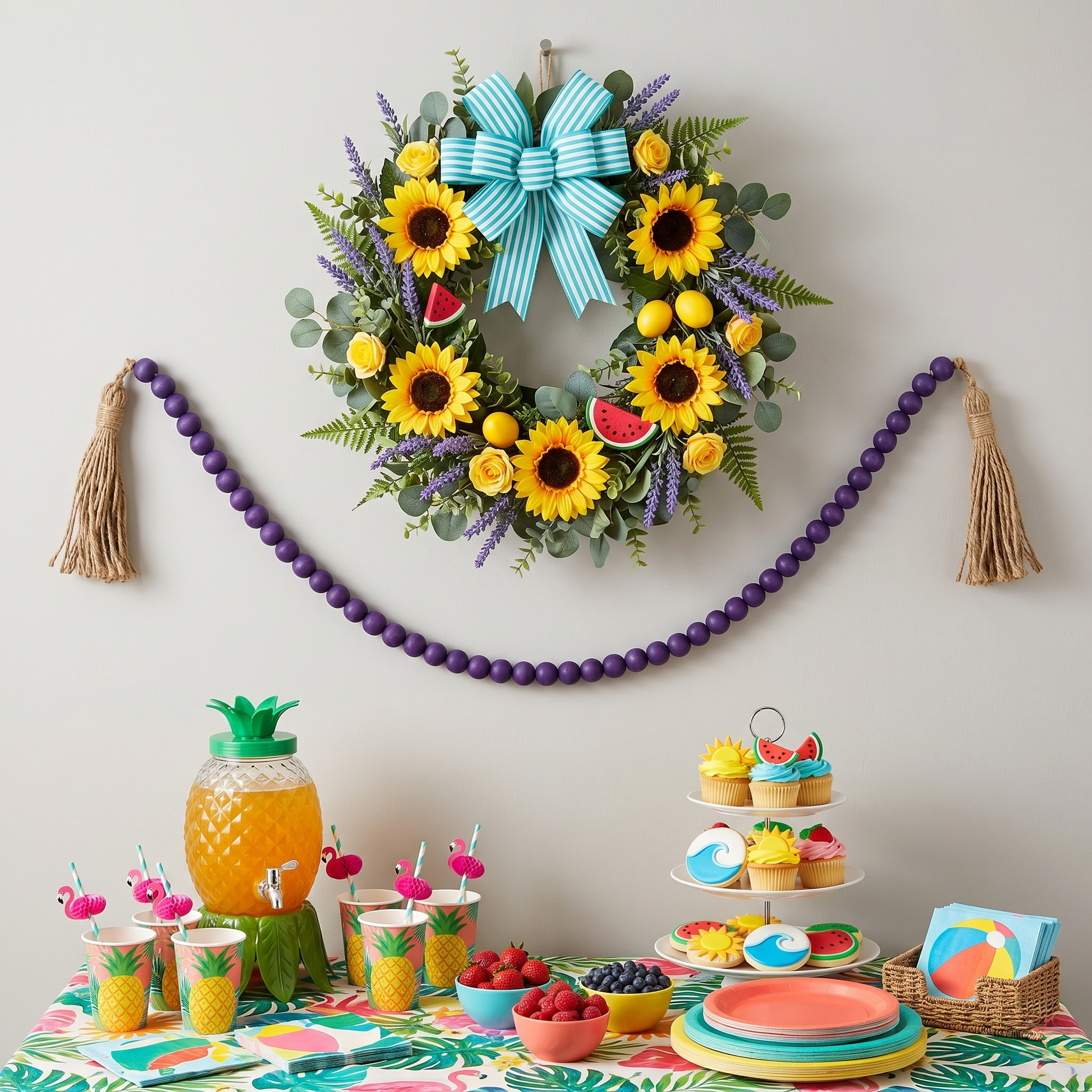 Dark Purple Wood Bead Garland hanging on wall above a summer themed party table