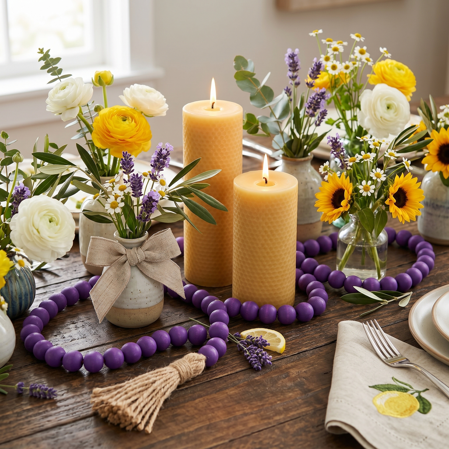 Dark Purple Wood Bead Garland (3) on Dining Room table in the centerpiece