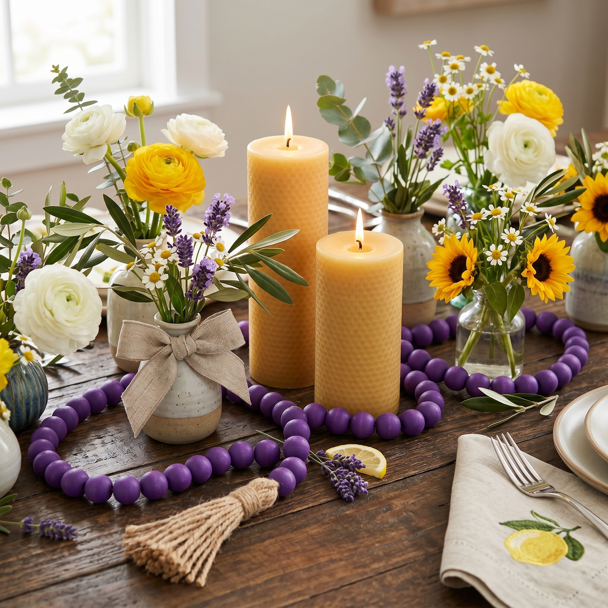 Dark Purple Wood Bead Garland (3) on Dining Room table in the centerpiece