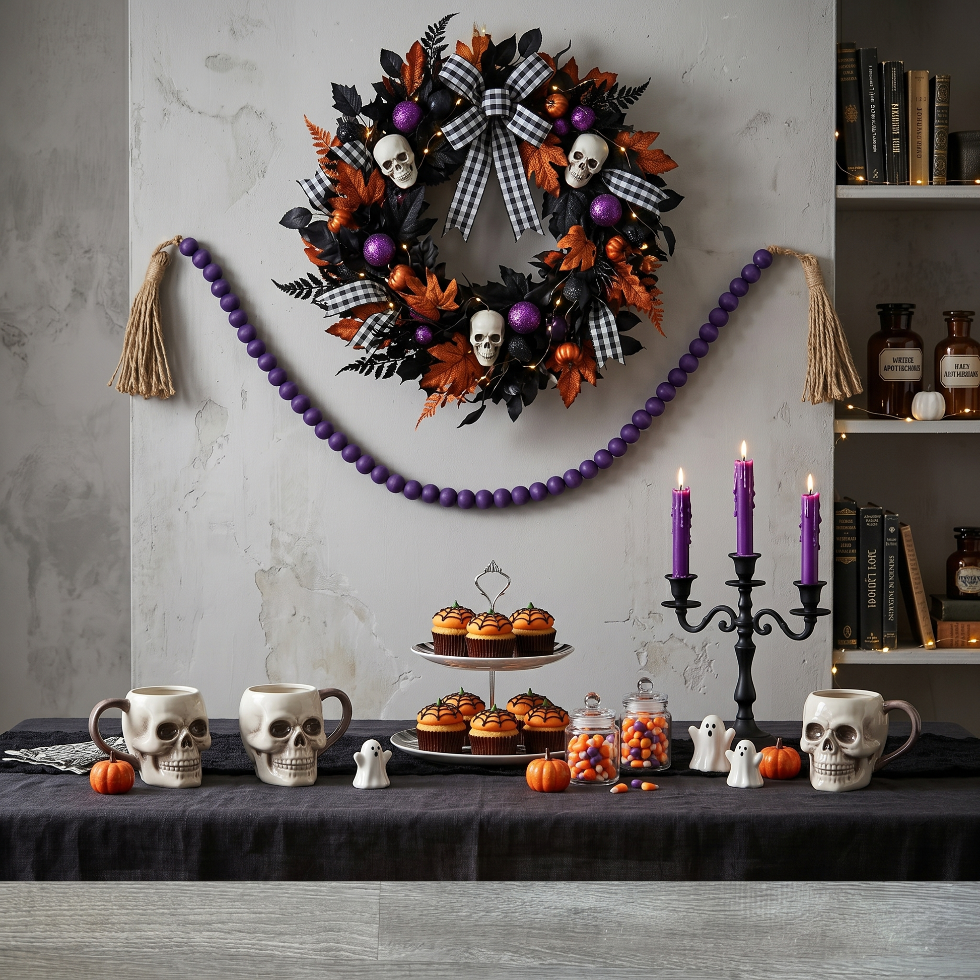 Dark Purple Wood Bead Garland (7) Hanging on the wall over a Halloween themed party table