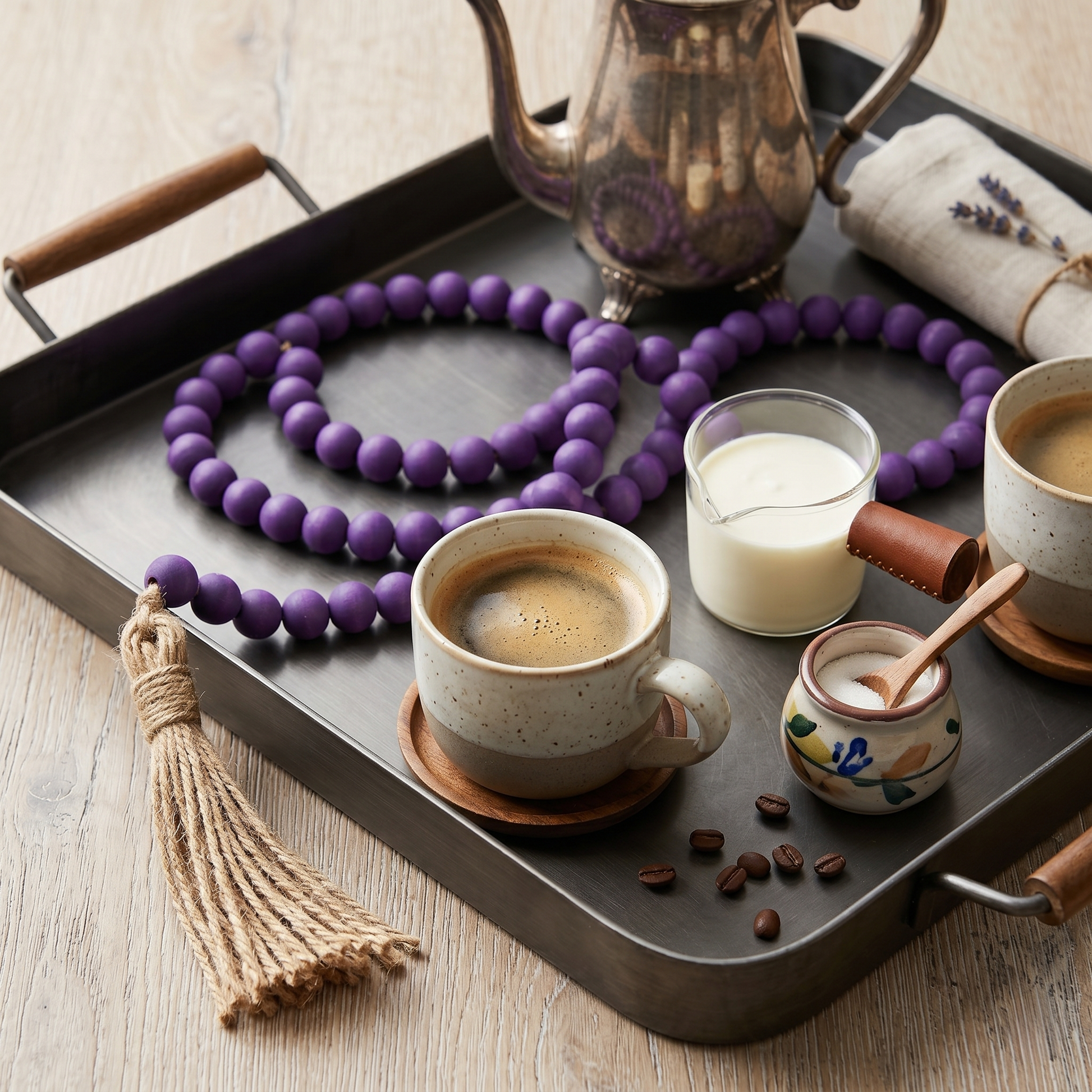 Dark Purple Wood Bead Garland (8) displayed on a serving tray