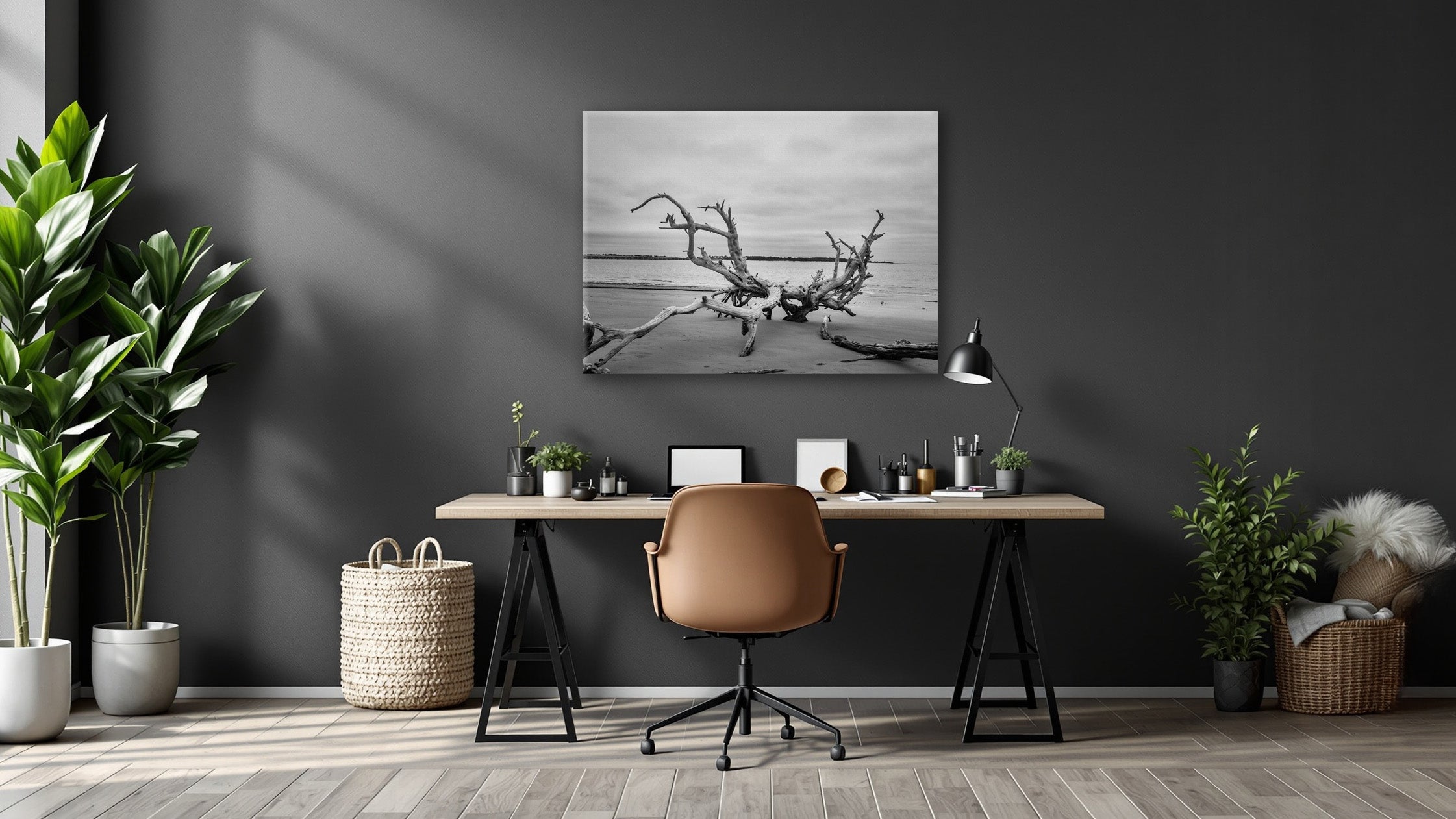 Dead Tree Boneyard Beach Florida 3 Black and White Coastal Landscape Photograph Wall Art Print Fine Art Canvas In Industrial Style Home Office Setting