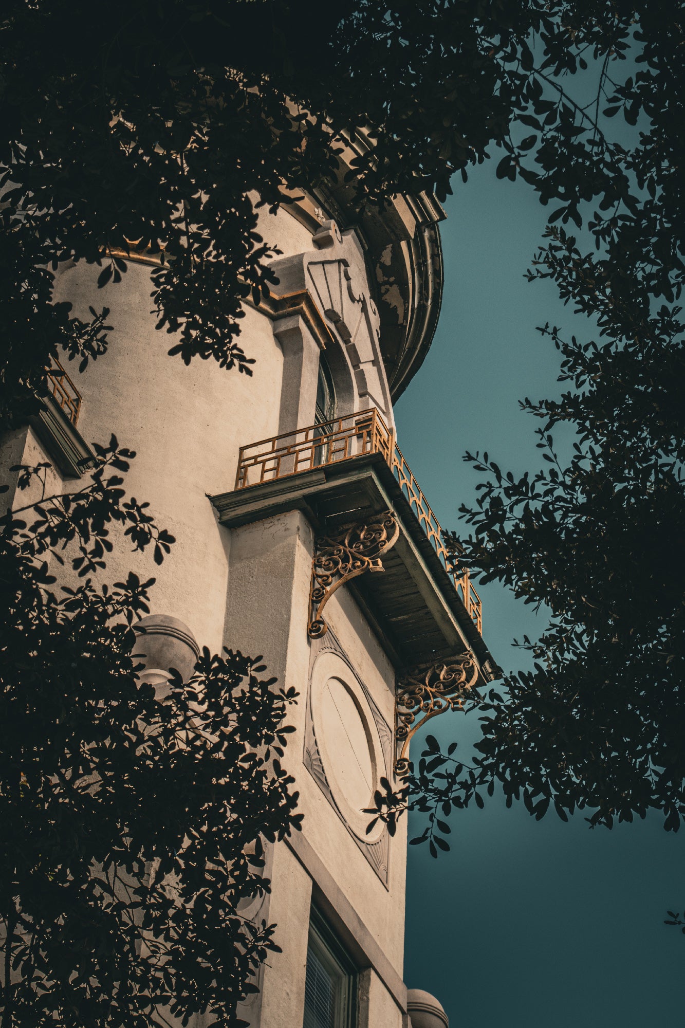 Decorative Tower Window & Trees Architectural Photograph