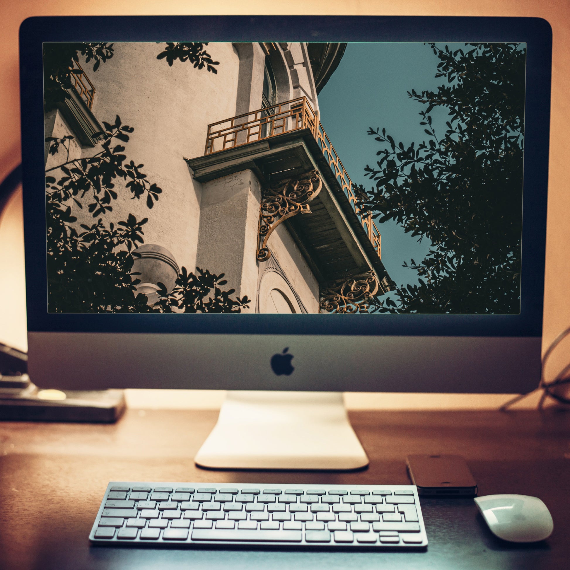 Decorative Tower Window & Trees Architectural Photograph Wallpaper for Computer