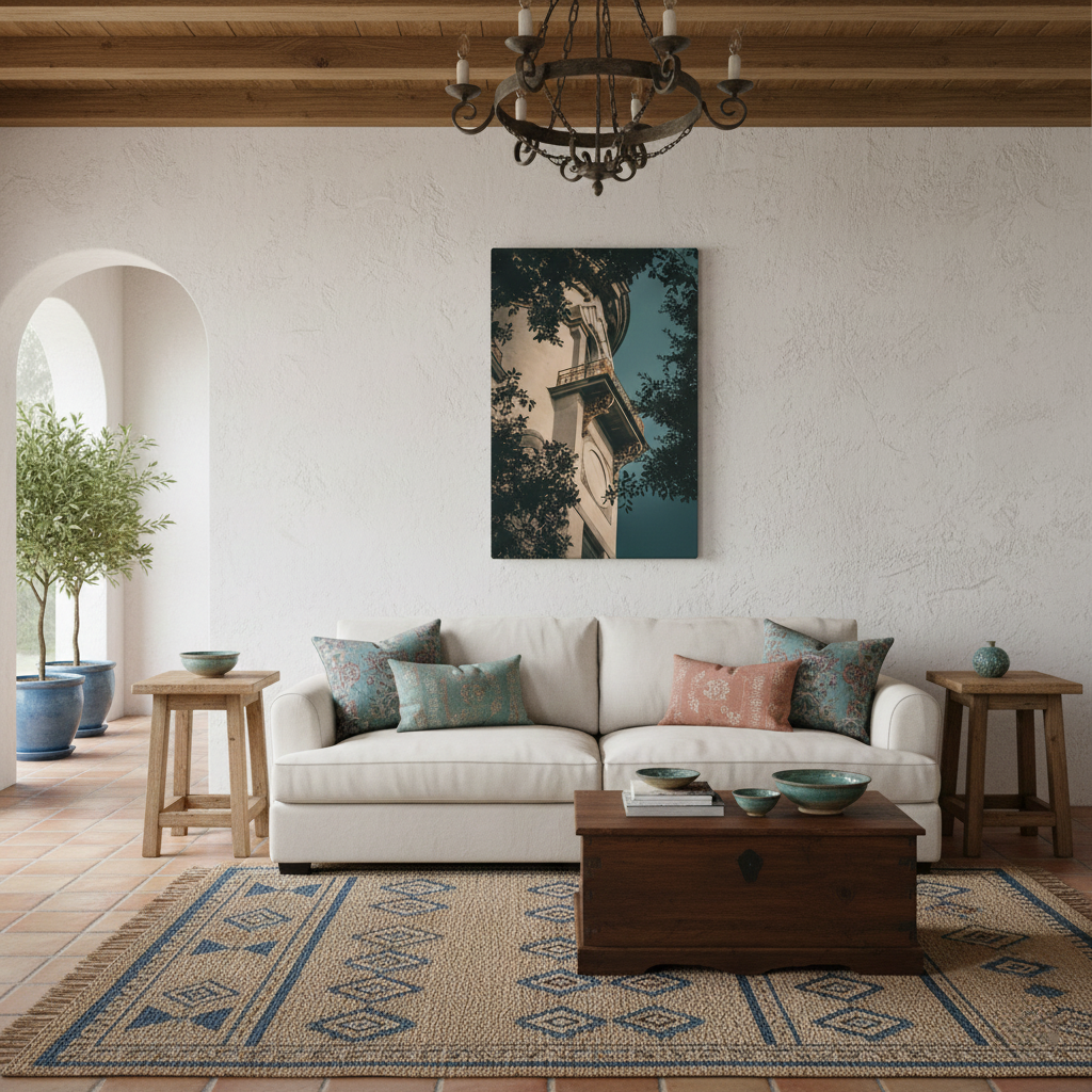 Decorative Turret Window & Trees Architectural Photograph Canvas Wall Art Print in Mediterranean Classic Style Sitting Room