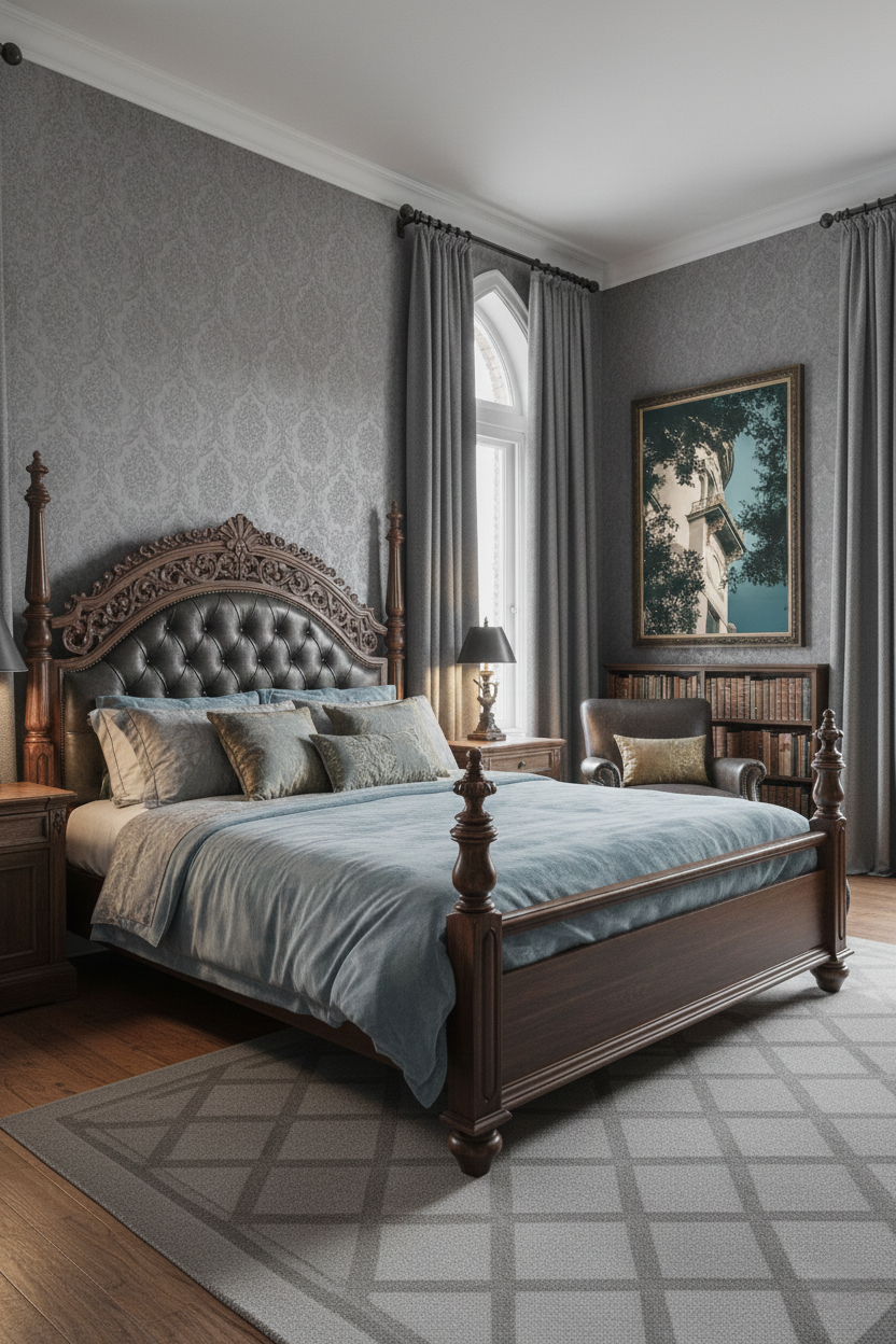 Decorative Turret Window & Trees Architectural Photograph Custom Framed Wall Art Print in Gothic Revival Style Bedroom