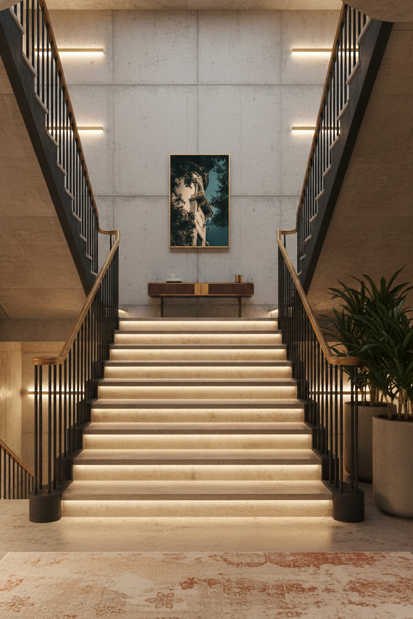 Decorative Turret Window & Trees Architectural Photograph Custom Framed Wall Art Print in Industrial Luxe Style Stairway