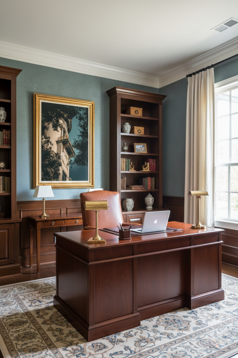 Decorative Turret Window & Trees Architectural Photograph Custom Framed Wall Art Print in Transitional Style Formal Home Office