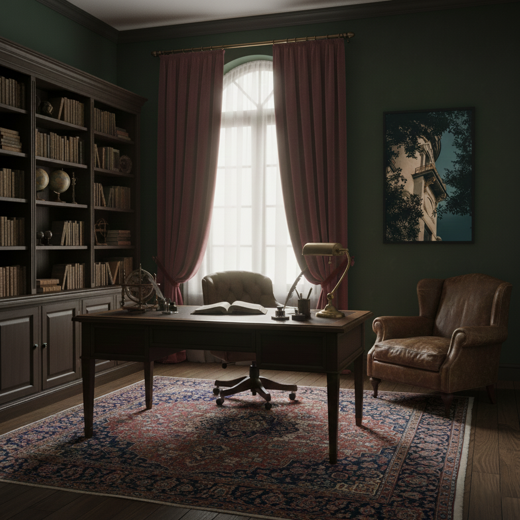 Decorative Turret Window & Trees Architectural Photograph Framed Wall Art Print in Dark Academia Style Study