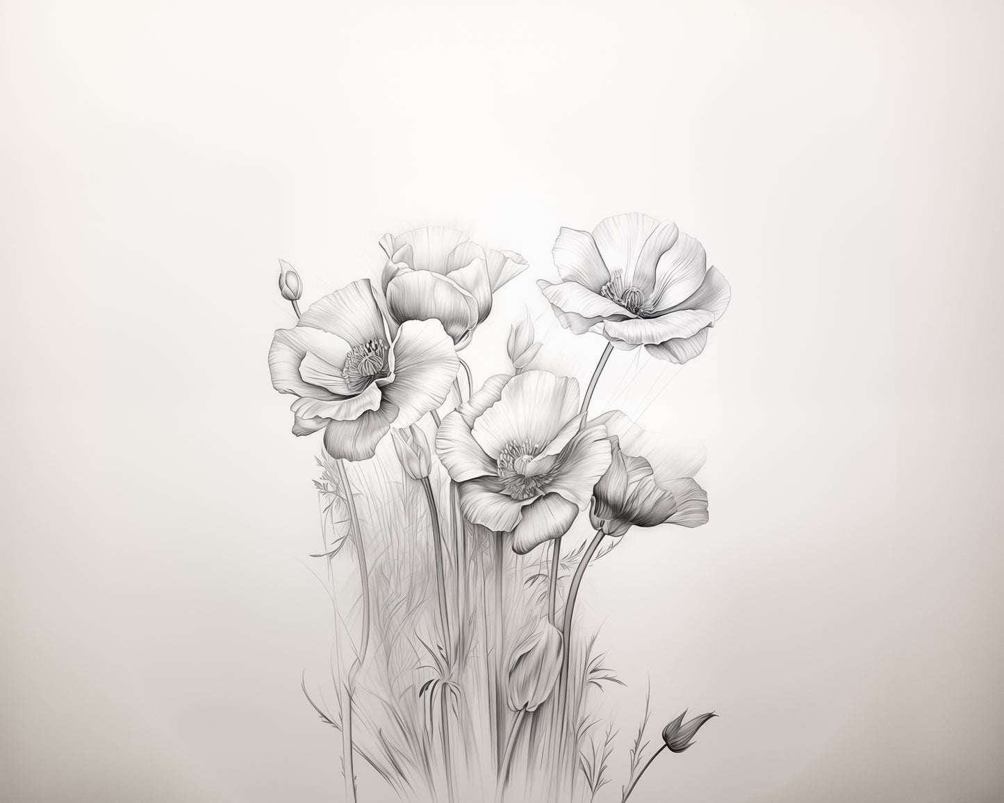 Floral Drawing: Delicate Poppies Charcoal Pencil Sketch Drawing - Digital Artwork Loose Art Print