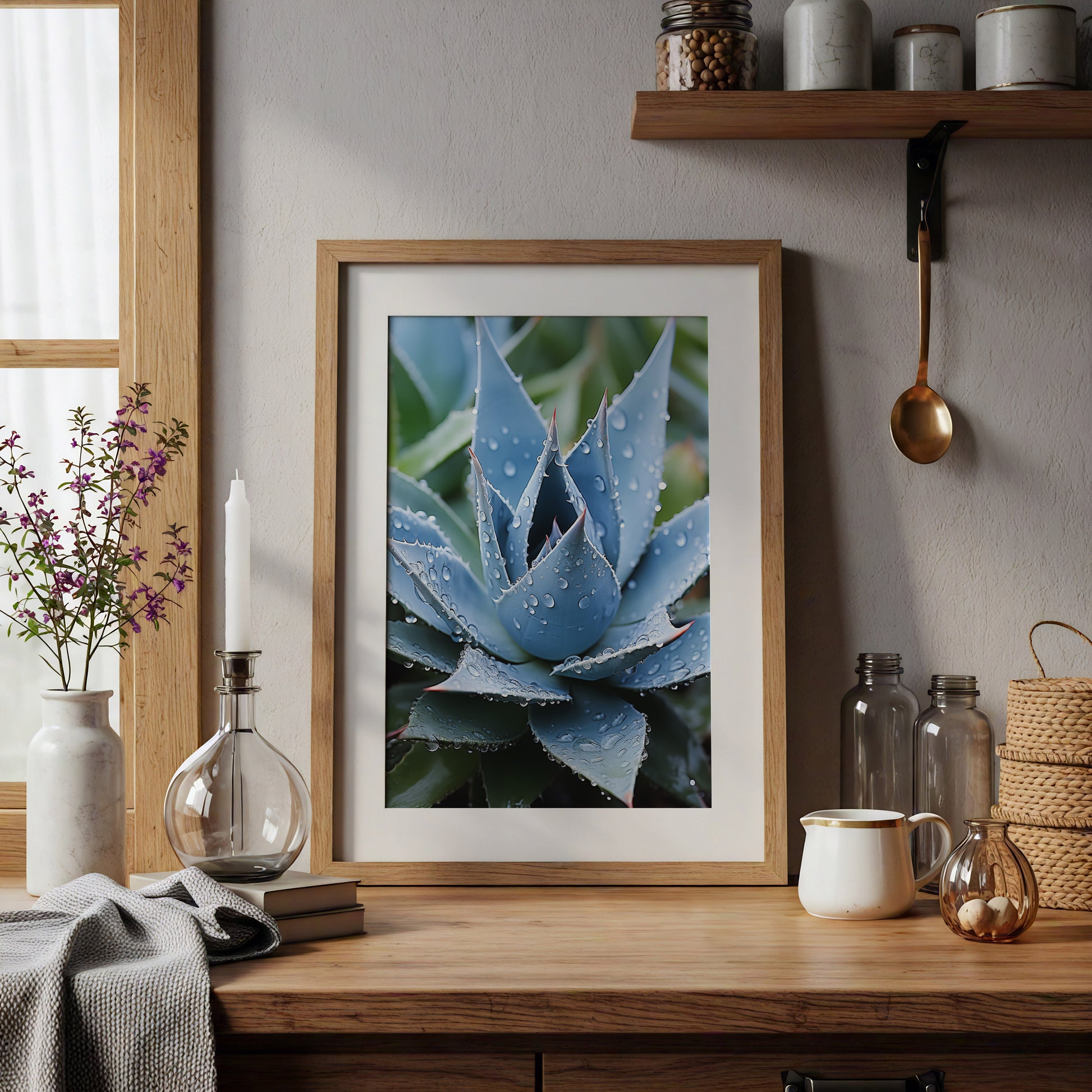 Delicate Agave Botanical Rustic Photorealistic Digital Artwork DIY Downloadable and Printable Wall Art Print in Kitchen Setting