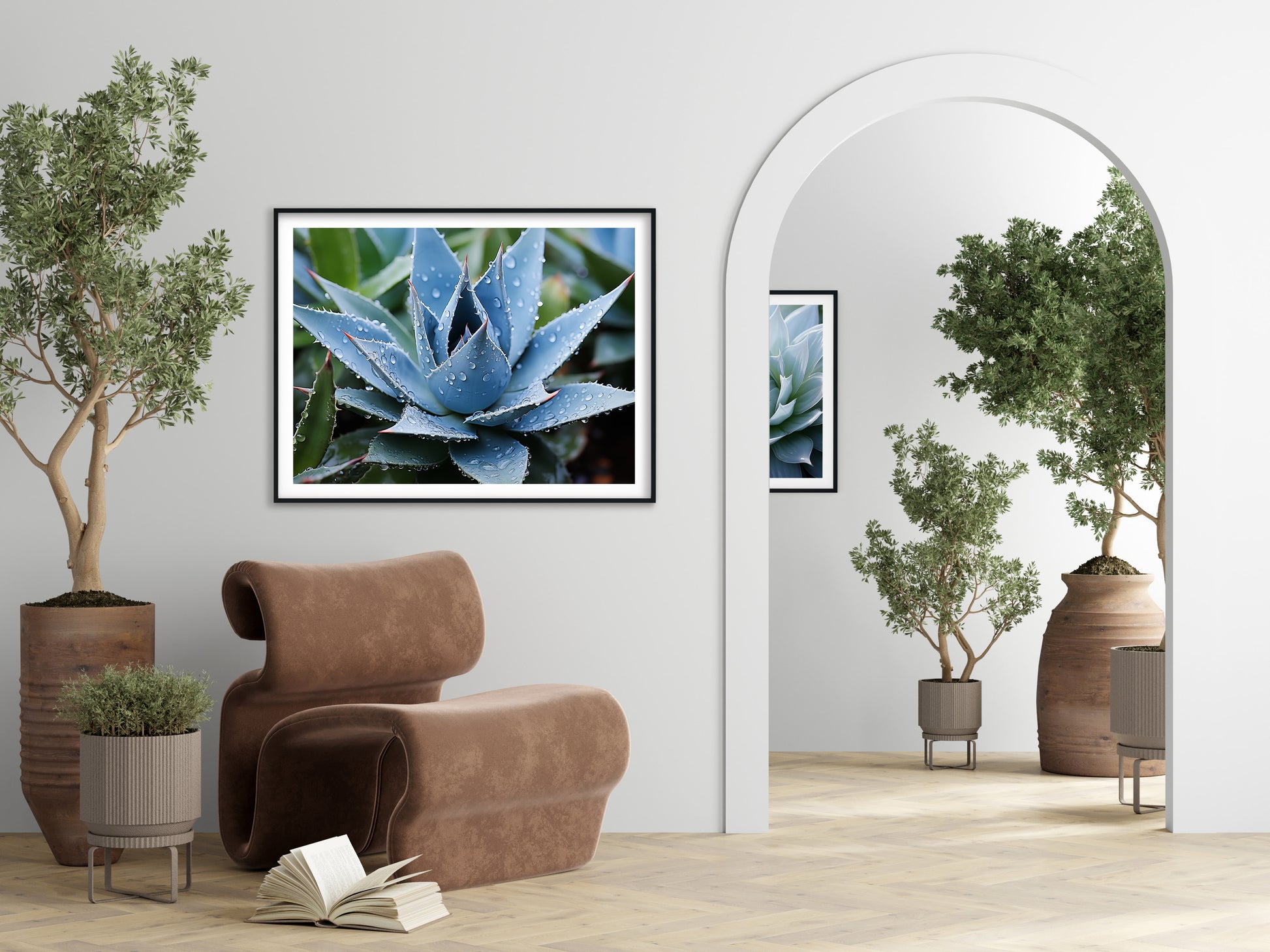 Delicate Agave Botanical Rustic Photorealistic Digital Artwork DIY Downloadable and Printable Wall Art Print in Living Room Setting