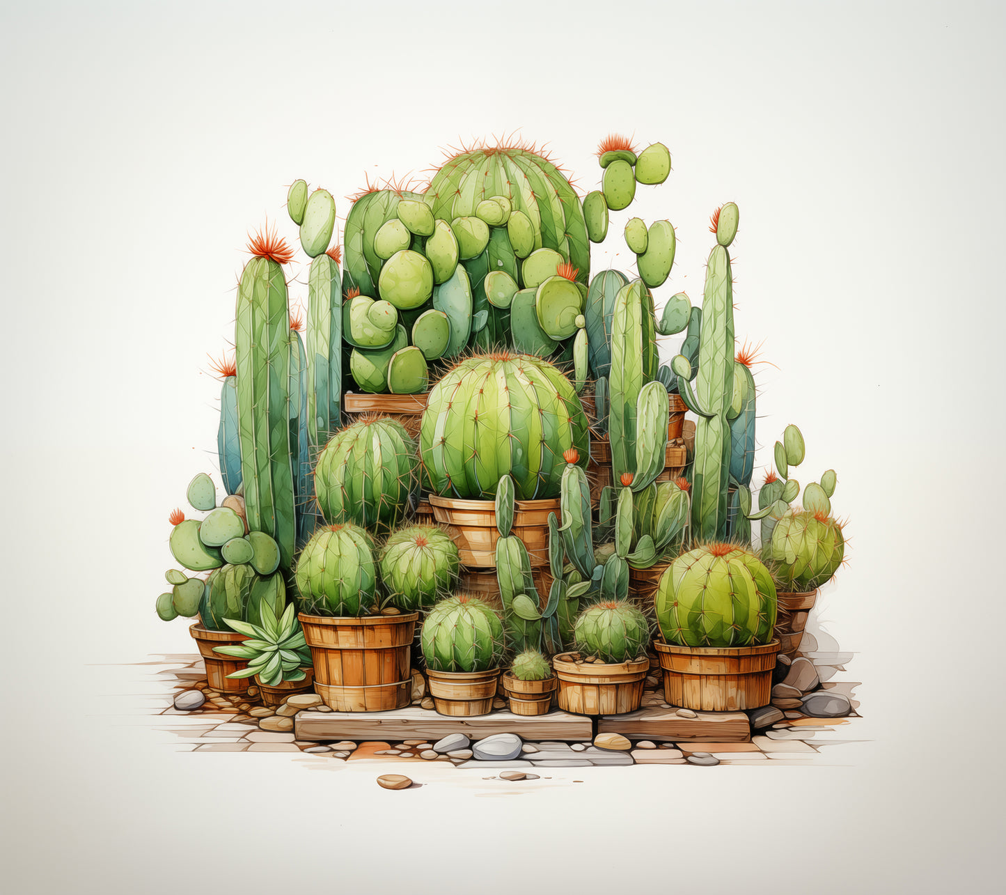 Botanical Painting in Watercolour: Desert Oasis Cactus Illustration Pencil Drawing - Digital Artwork Loose Art Print