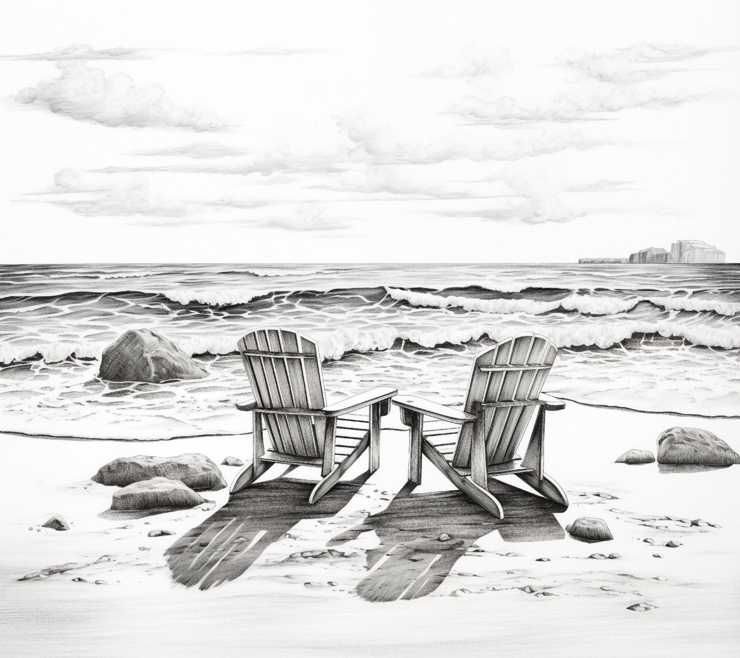 Beach Prints Black and White: Deserted Shores Charcoal Drawing - Digital Artwork Loose Art Print