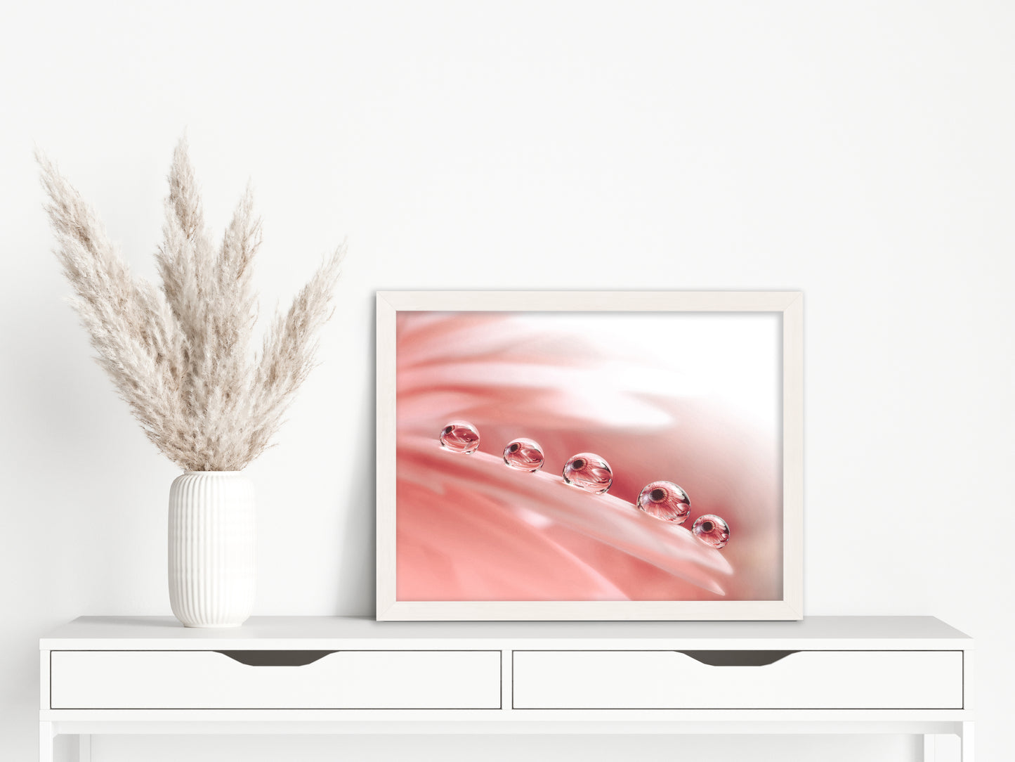 Pink Flower Pictures Framed: Dew Drops on Gerbera Daisy Petals Floral Botanical Photograph Shabby Chic - Vintage Framed Wall Art Print
