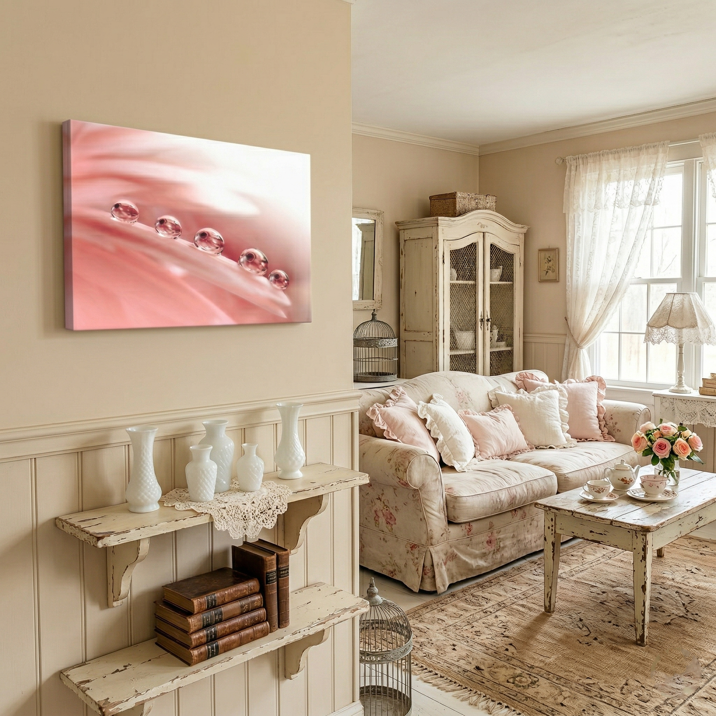 Pink Flower Canvas Dew Drops on Gerbera Daisy Petals Botanical Photograph Wall Art Print in Shabby Chic Style Living Room