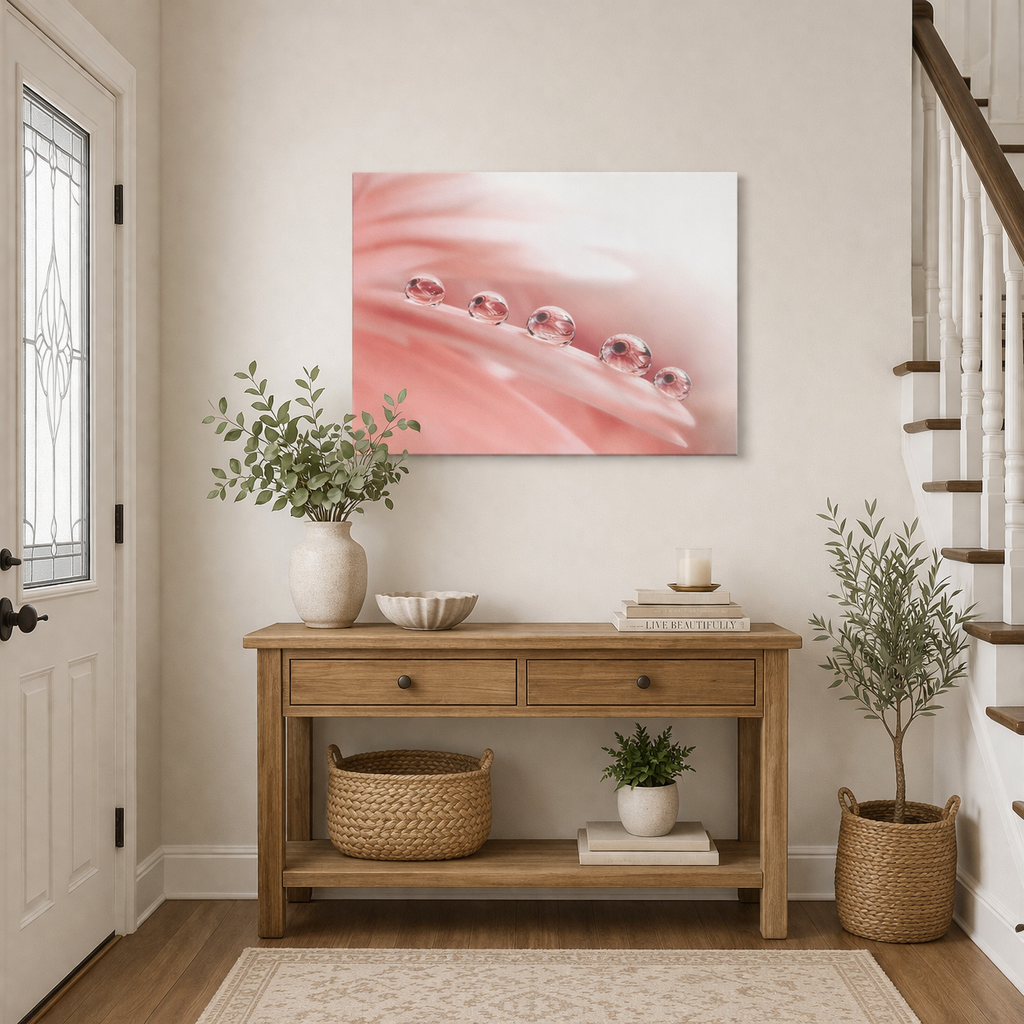 Pink Flower Canvas Wall Art Dew Drops on Gerbera Daisy Petals Floral Botanical Photograph Print in Transitional Style Entryway