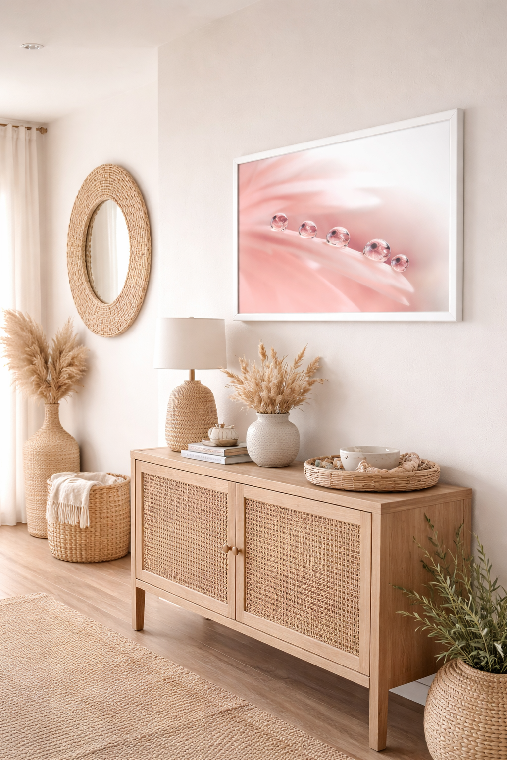 Pink Flower Wall Decor Dew Drops on Gerbera Daisy Petals Floral Botanical Photograph Framed Art Print in Boho Style Hallway