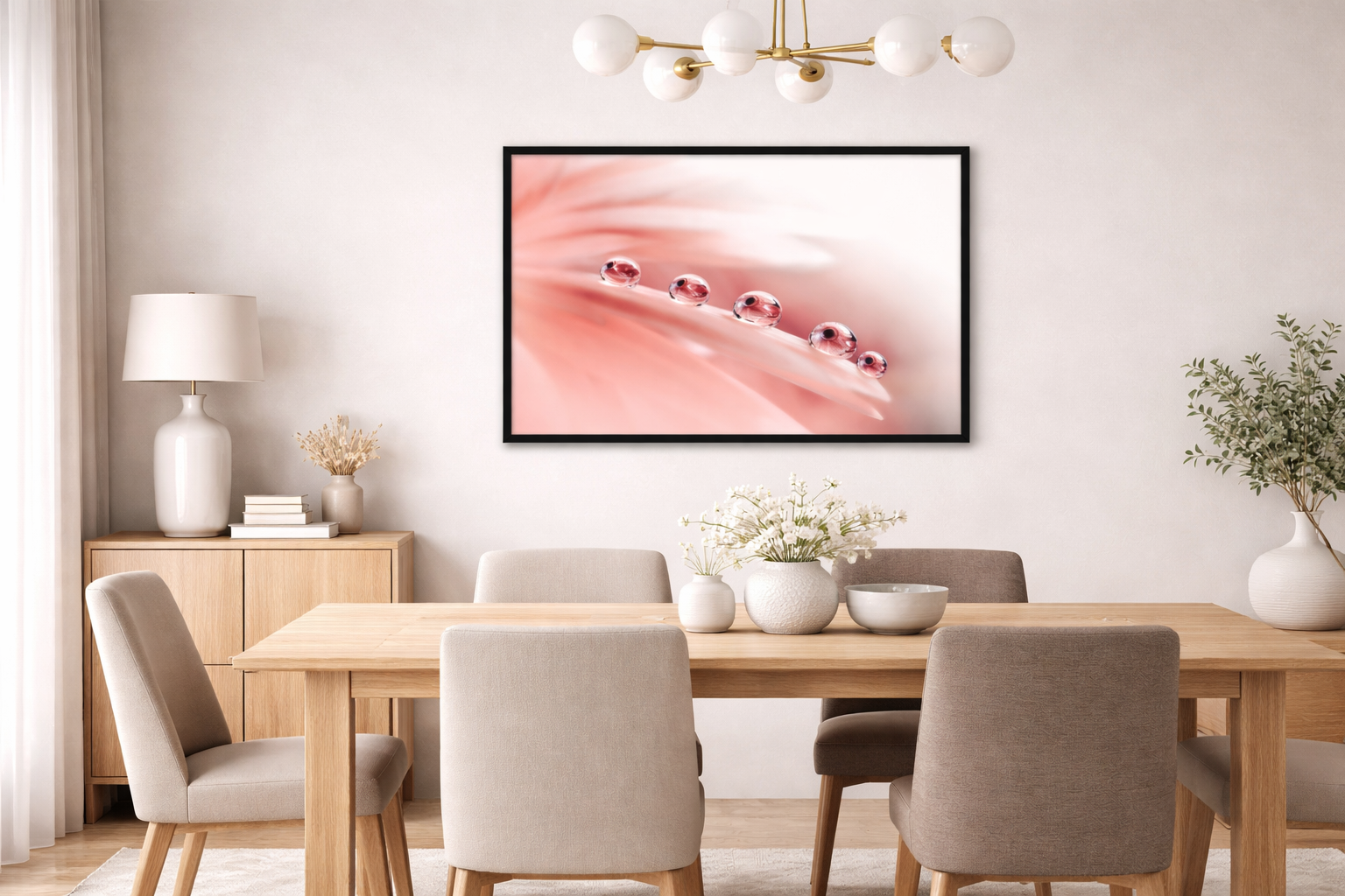 Pink Flower Art Dew Drops on Gerbera Daisy Petals Floral Botanical Photograph Framed Wall Print in Contemporary Style Dining Room