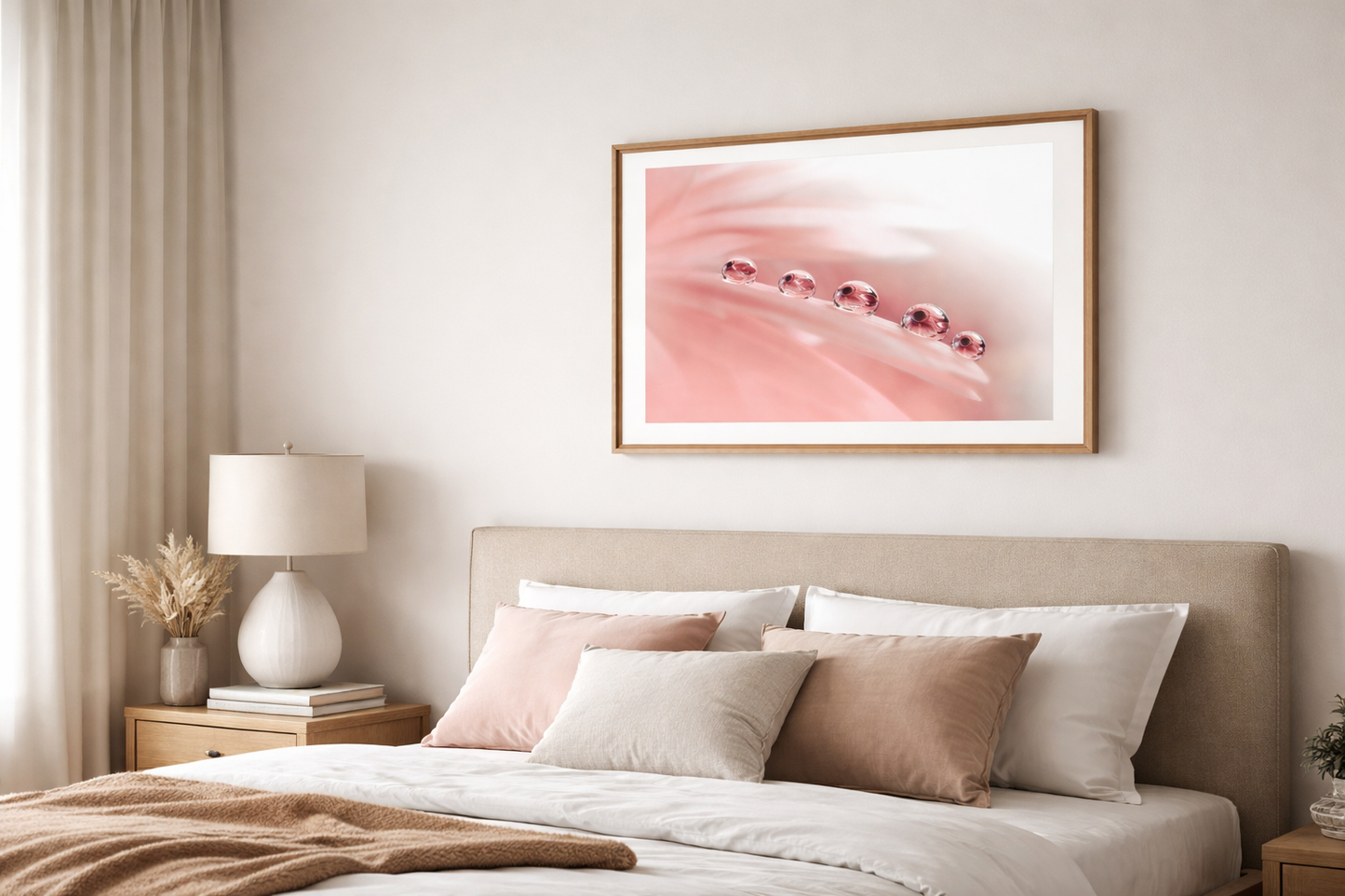 Pink Flower Wall Art Dew Drops on Gerbera Daisy Petals Floral Botanical Photograph Loose Print in Modern Style Bedroom