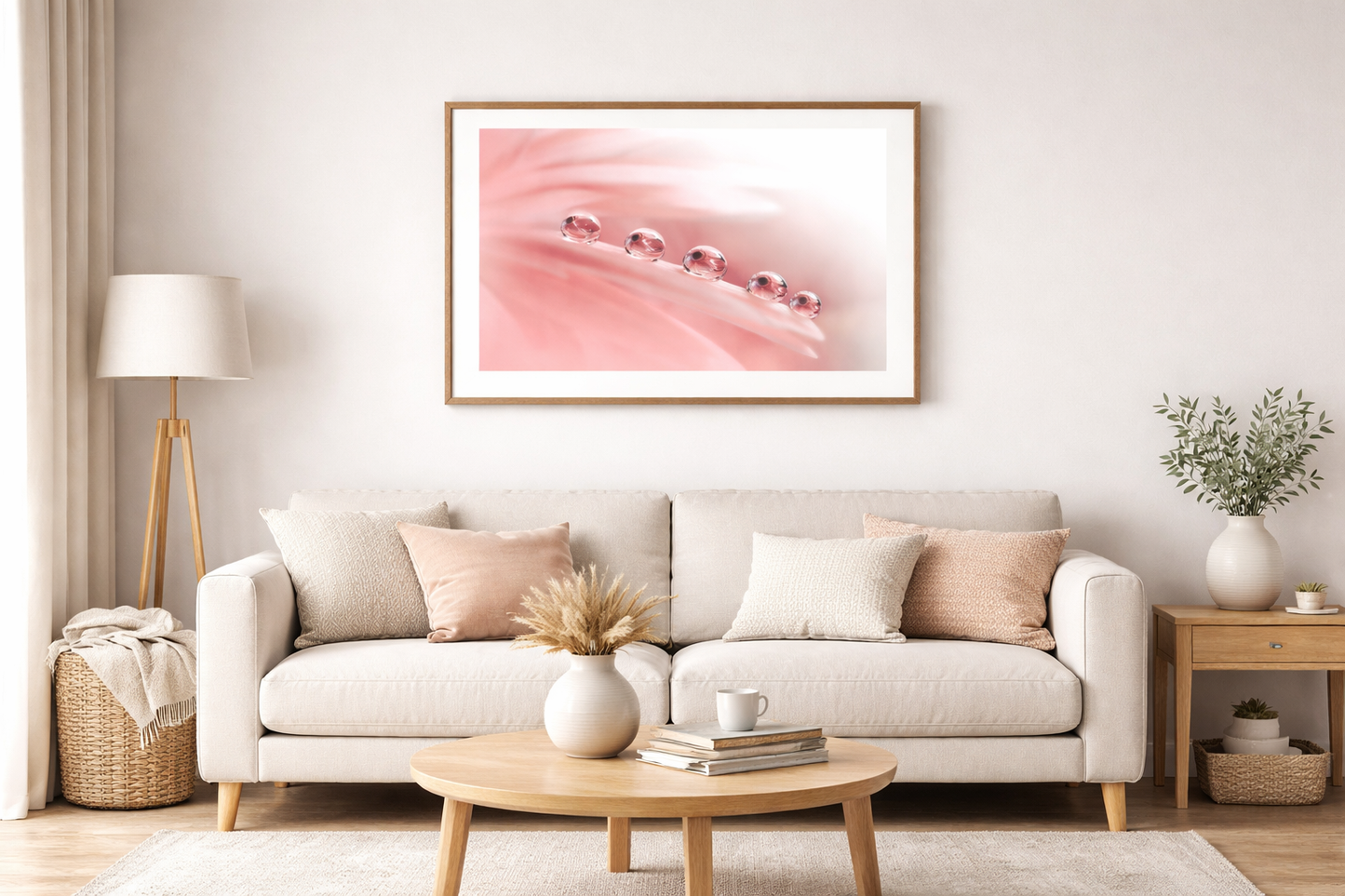 Pink Floral Art Dew Drops on Gerbera Daisy Petals Botanical Photograph Loose Print in Scandinavian Style Living Room