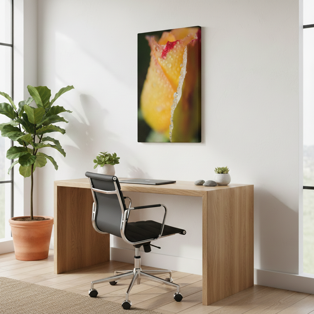 Dew on Yellow Rose Floral Botanical Nature Photograph Canvas in Modern Organic Style Home Office