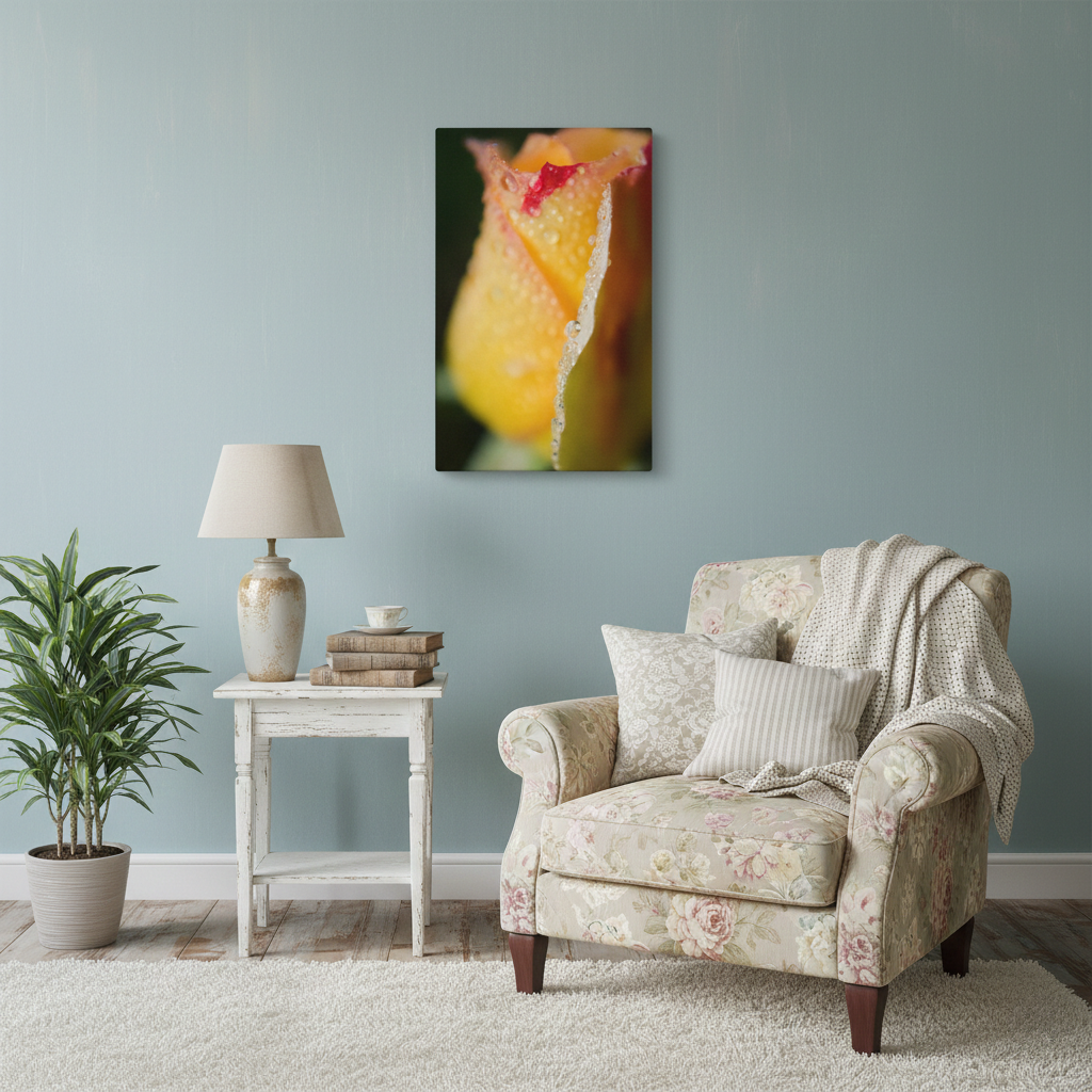 Dew on Yellow Rose Floral Botanical Nature Photograph Canvas in Shabby Chic Style Reading Nook