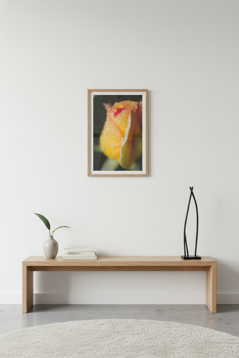 Dew on Yellow Rose Floral Botanical Nature Photograph Loose in Minimalist Style Entryway