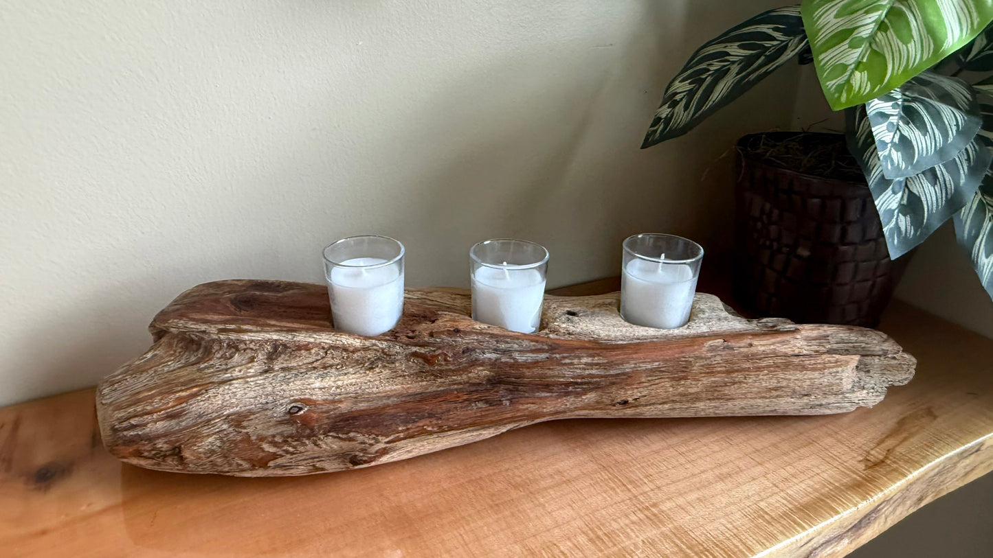 Driftwood Candle Holder 2 Table Top Centerpiece Home Decor Rustic Coastal Boho 22" long
