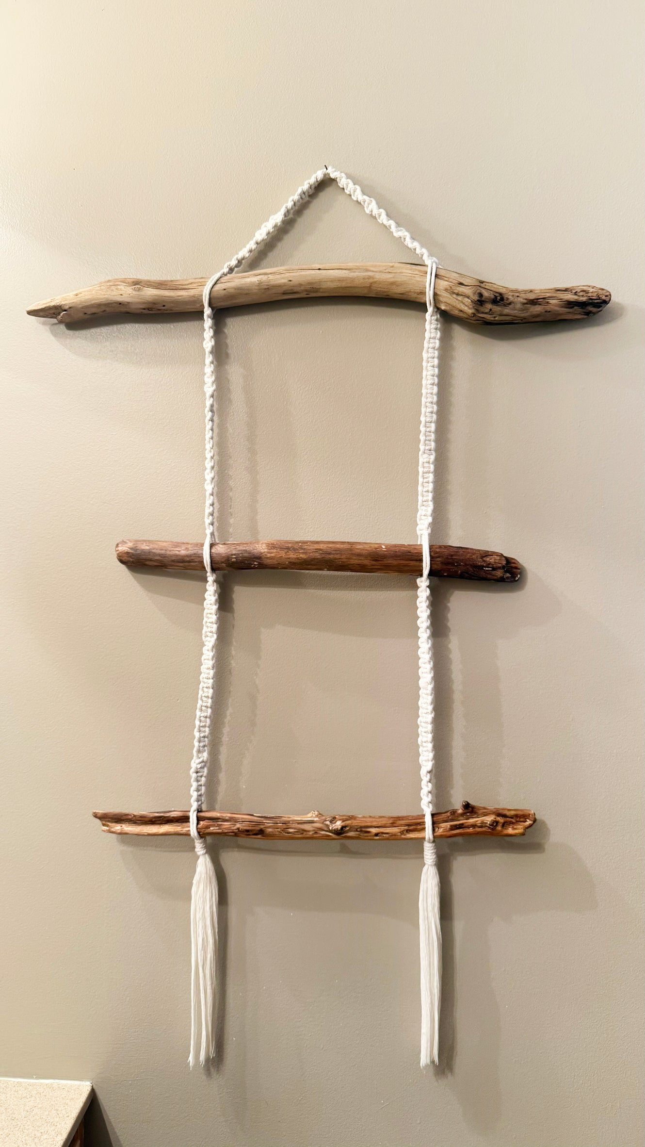 Driftwood and Macrame Blanket | Towel Rack Functional Texture Art Wall Hanging