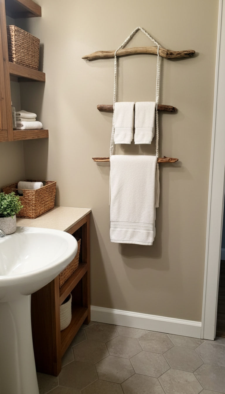 Handmade Driftwood & Macrame Towel/Blanket Rack (28