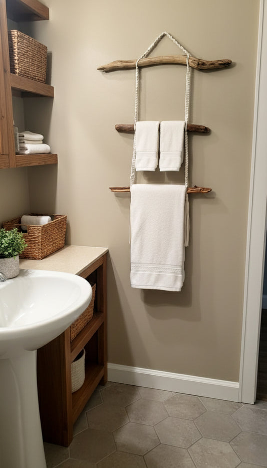 Driftwood and Macrame Blanket | Towel Rack Functional Texture Art Wall Hanging