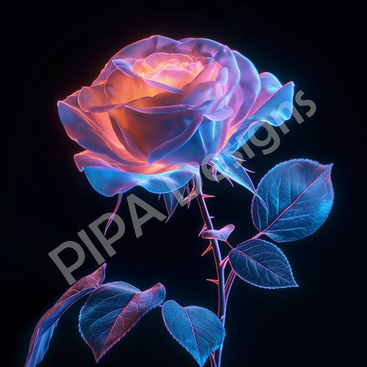 Floral Fantasy Digital Art | Neon Bioluminescent Rose | Downloadable Abstract Art | Versatile Print Sizes Up to 40x60 DOWNLOADABLE