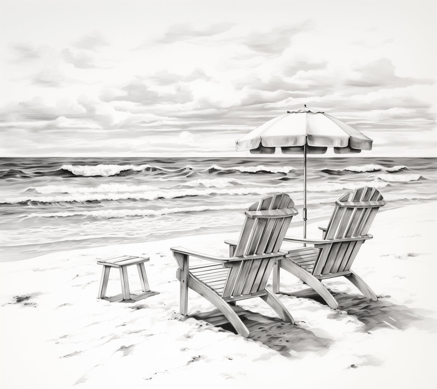 Wall Prints Beach: Ebb Tide Pencil Sketch - Digital Artwork Loose Art Print