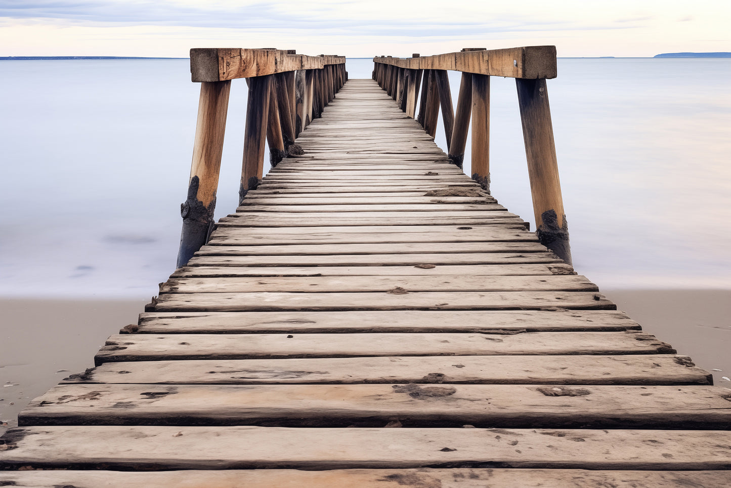 Echoes of the Sea Abandoned Weathered Pier Beach Subdued Photorealistic Beach House Wall Art