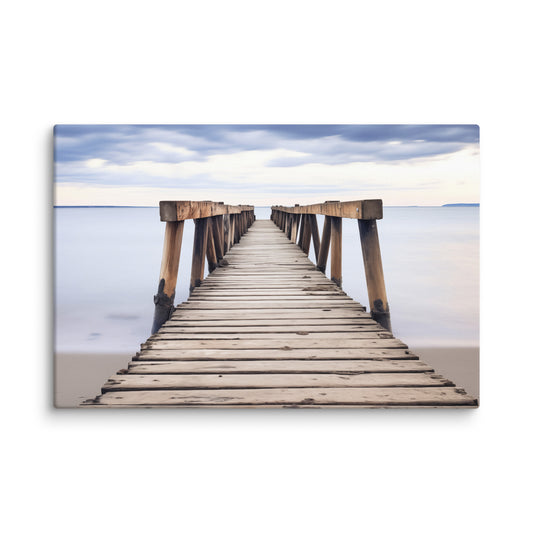 Echoes of the Sea Abandoned Weathered Pier Beach Subdued Photorealistic Digital Artwork Canvas Wall Art Print