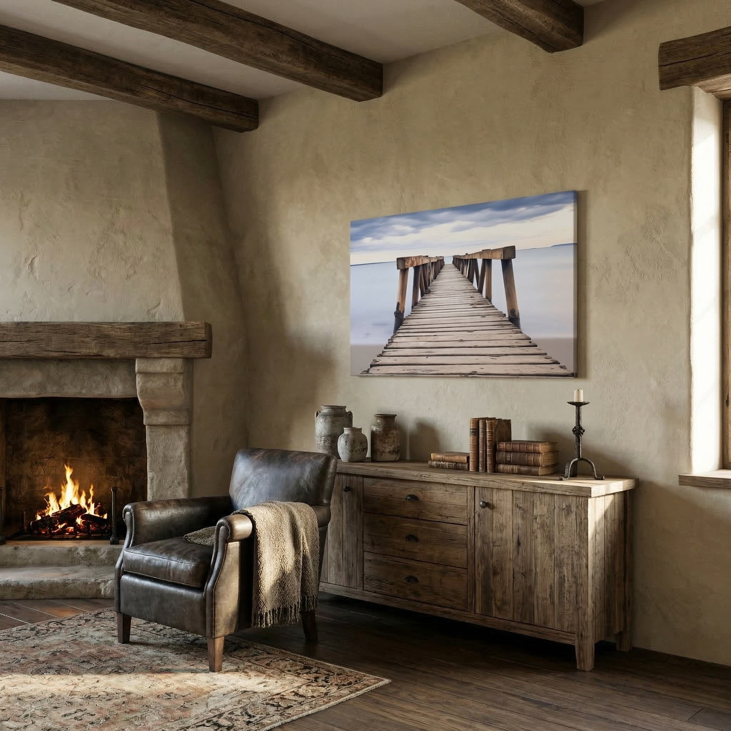Echoes of the Sea Abandoned Weathered Pier Beach Subdued Photorealistic Digital Artwork Canvas in Rustic Style Living Room